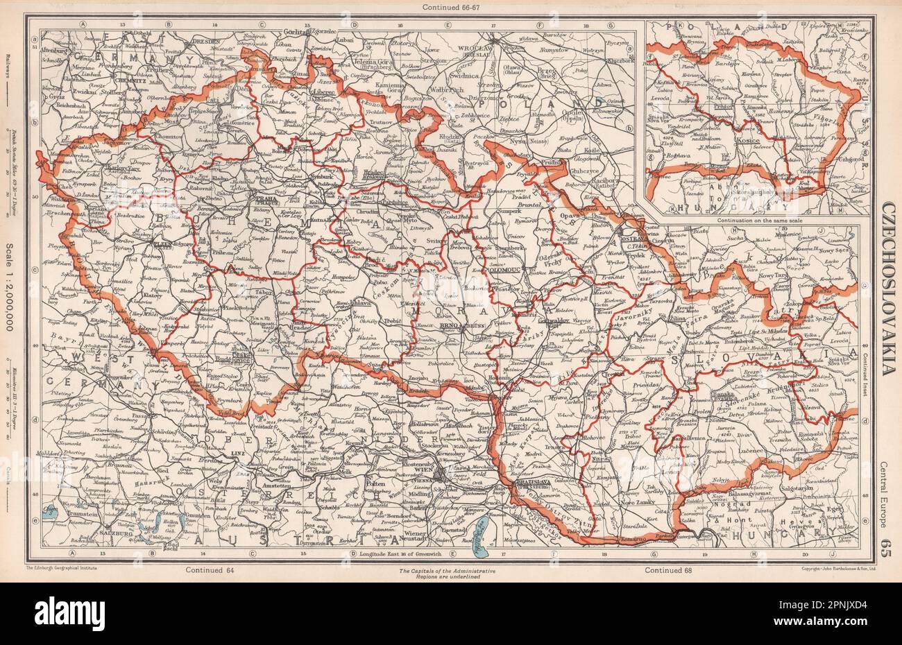 CECOSLOVACCHIA. Divisioni amministrative. Post 1945 Borders.BARTHOLOMEW mappa 1952 Foto Stock