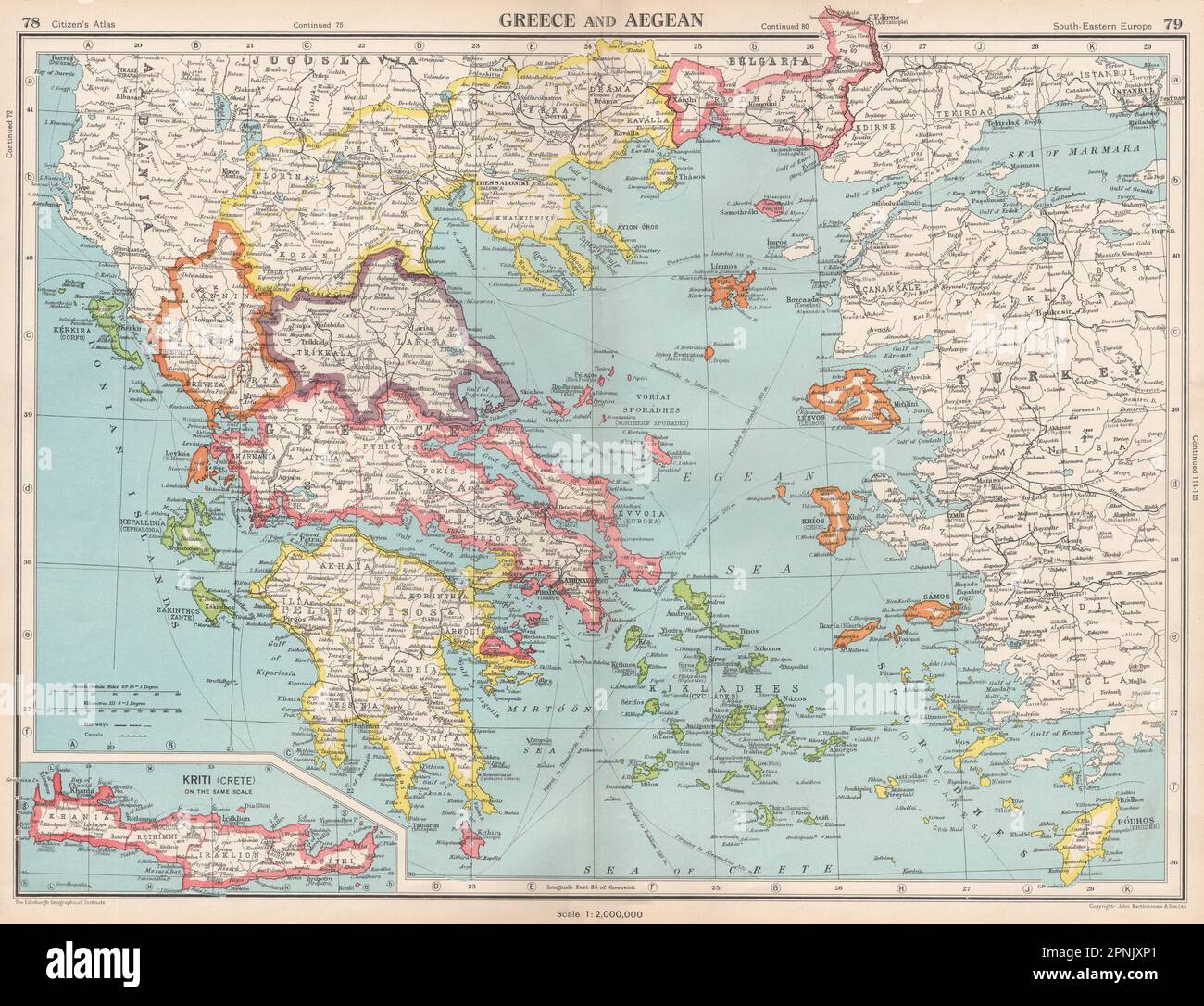 GRECIA E EGEO. Crete Cicladi Sporadi Dodecaneso &c. MAPPA BARTOLOMEO 1952 Foto Stock