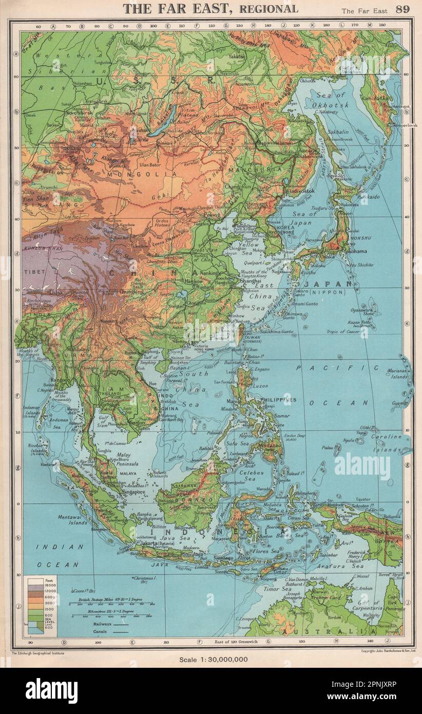 L'ESTREMO ORIENTE FISICO. Asia orientale Indie orientali. BARTOLOMEO 1952 vecchia mappa d'epoca Foto Stock