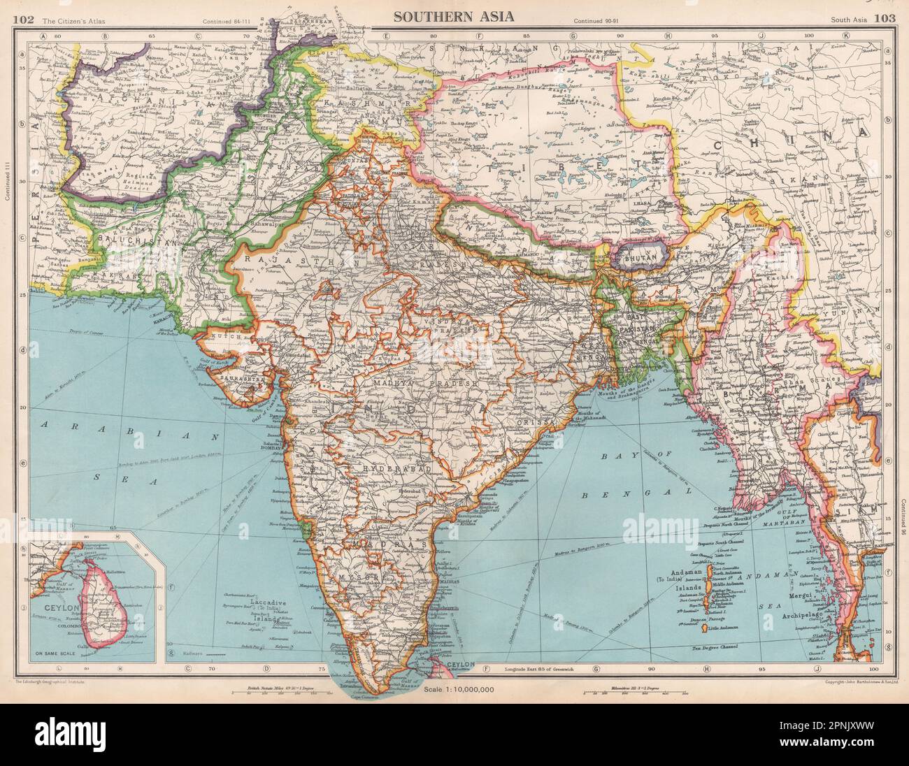 ASIA MERIDIONALE. Sikkim Tibet indipendente Jammu/Kashmir. Enclavi portoghesi mappa 1952 Foto Stock