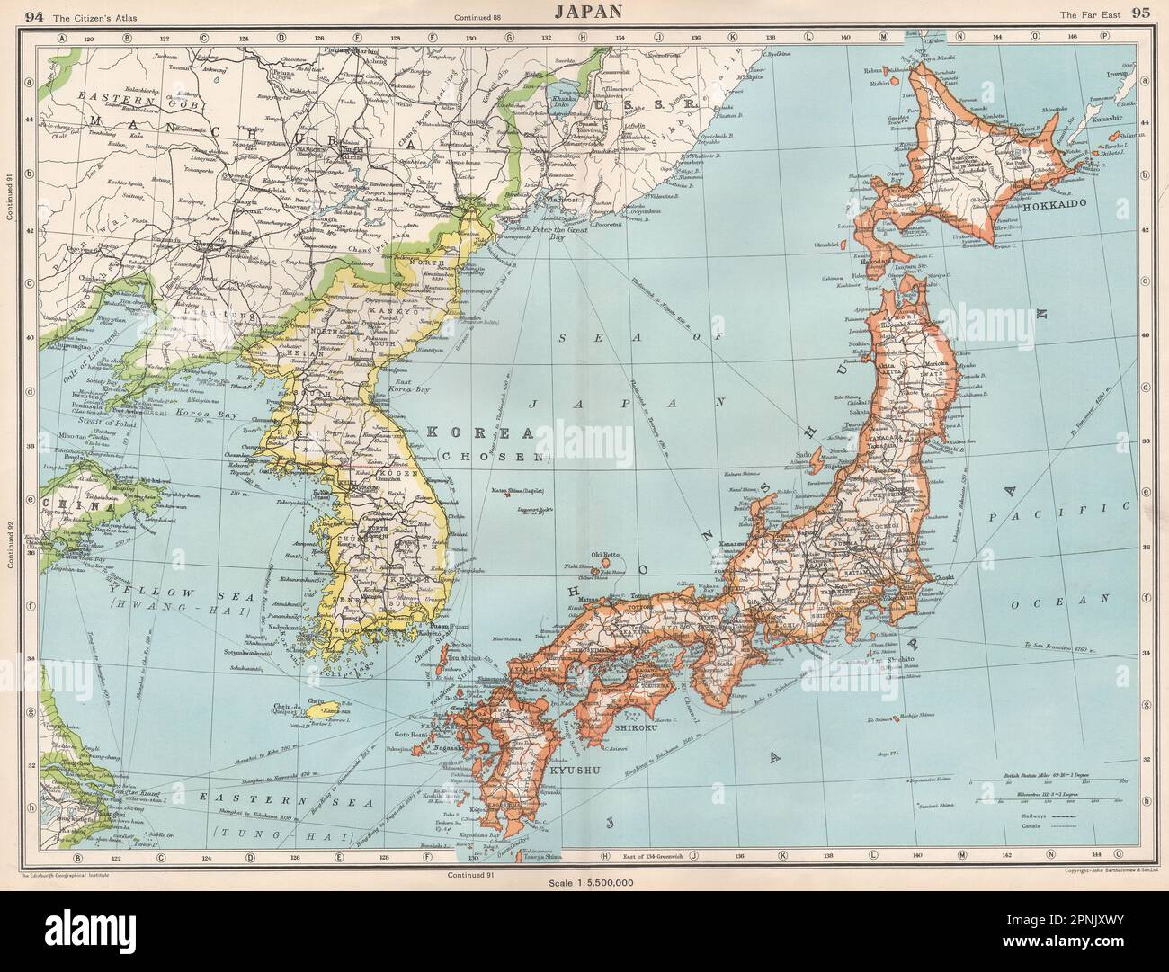 GIAPPONE E COREA. Mostra la divisione pre-bellica della Corea lungo 38th parallela 1952 vecchia mappa Foto Stock