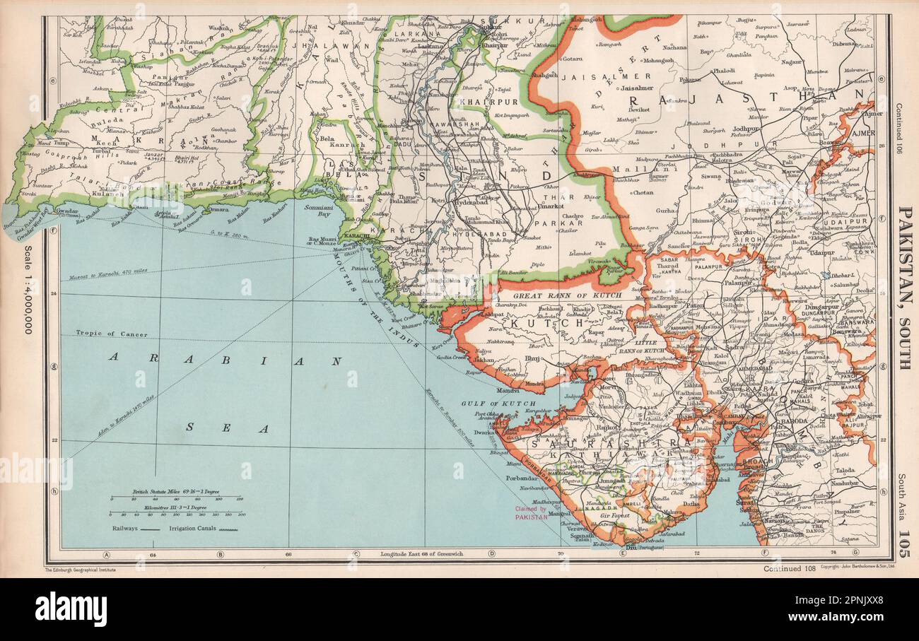 ASIA MERIDIONALE. Mostra il reclamo del Pakistan su Junagadh & Diu portoghese. Mappa Gujarat 1952 Foto Stock