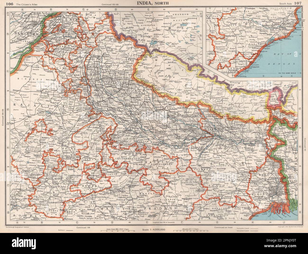 INDIA NORD E NEPAL. Mostra indipendente Sikkim. Bengala Orrissa 1952 vecchia mappa Foto Stock