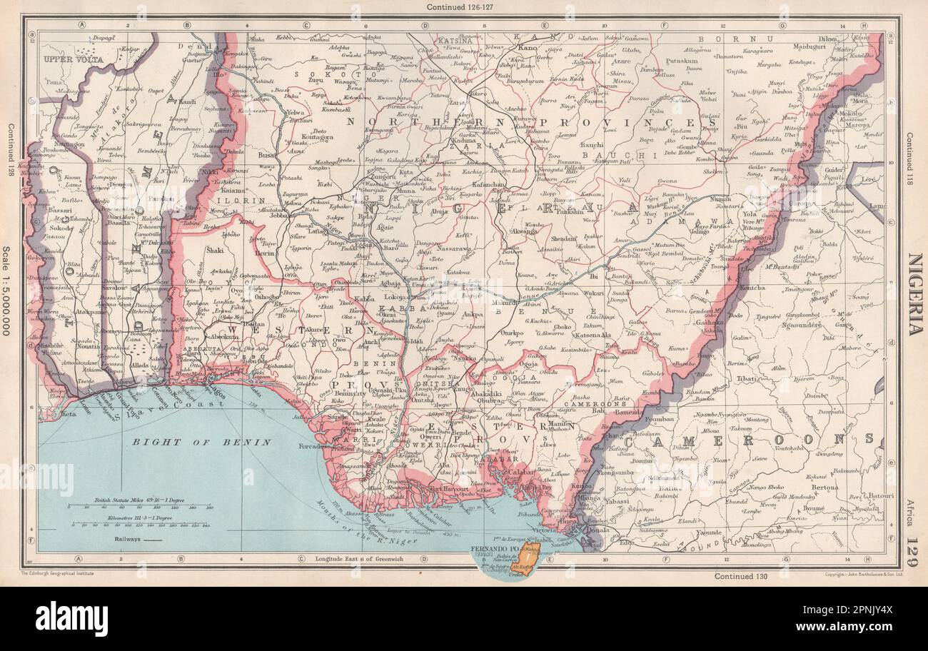 NIGERIA. Dahomey (Benin) Fernando po/Bioko. BARTOLOMEO 1952 vecchia mappa d'epoca Foto Stock