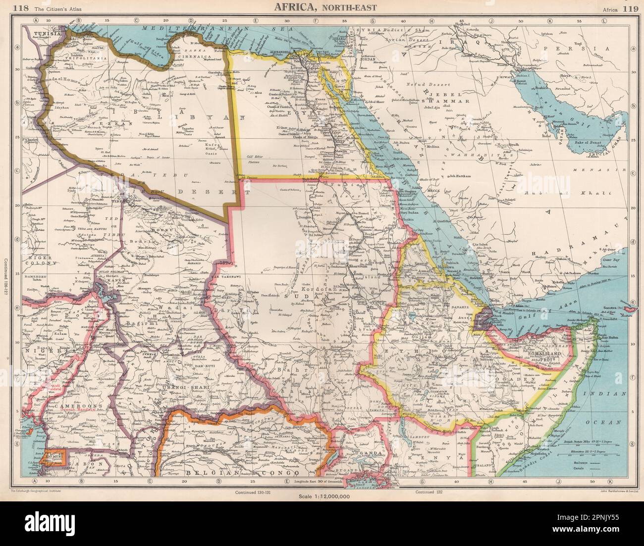 AFRICA NORDORIENTALE. Libia Egitto Sudan Etiopia Ubangi-Shari Ciad 1952 vecchia mappa Foto Stock