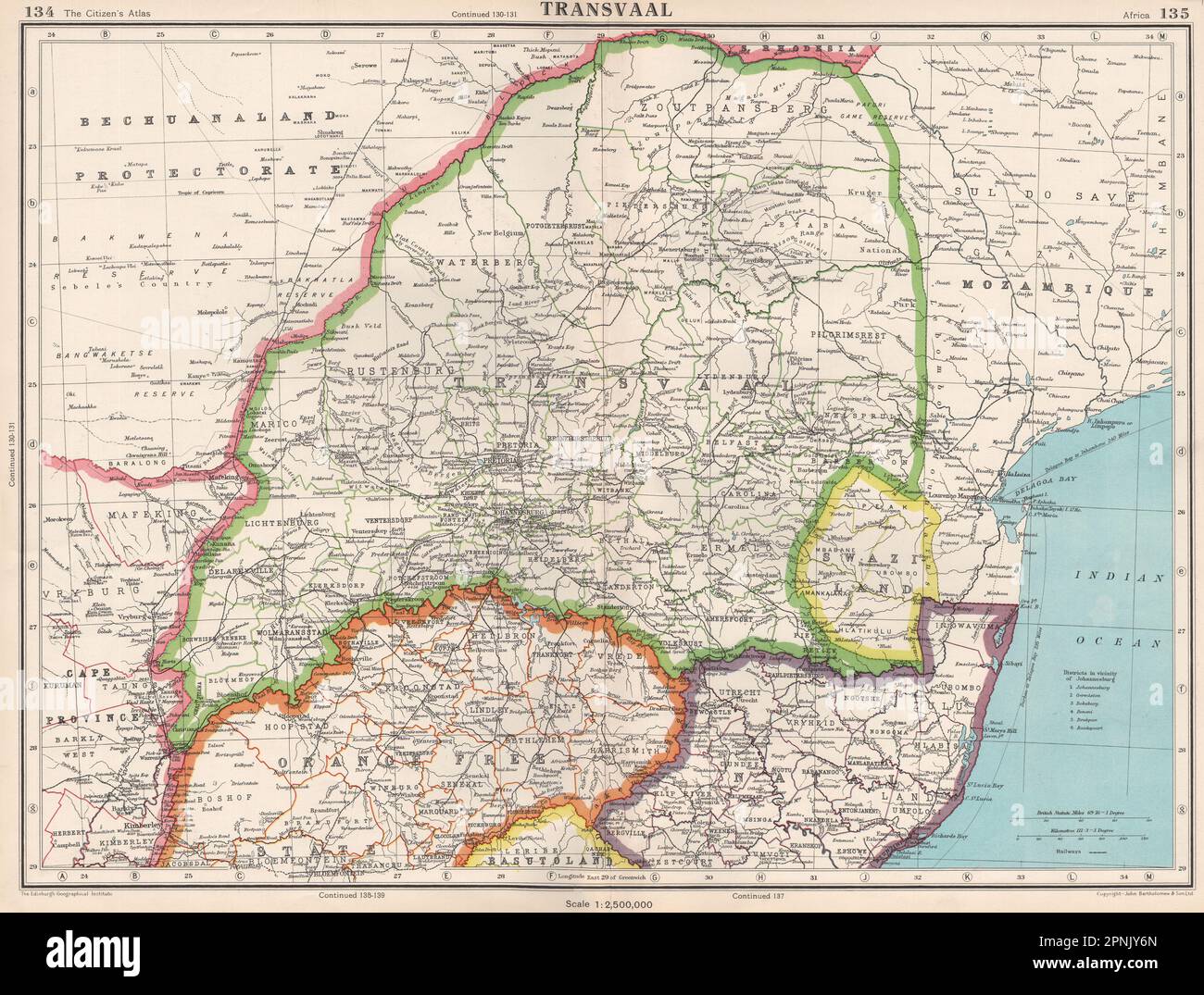 TRANSVAAL. Sudafrica. Ferrovie. + Swaziland. BARTOLOMEO 1952 vecchia mappa Foto Stock