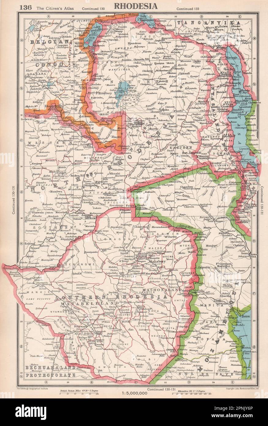 RHODESIA. Rhodesia meridionale/settentrionale. Zimbabwe. Zambia. MAPPA BARTOLOMEO 1952 Foto Stock