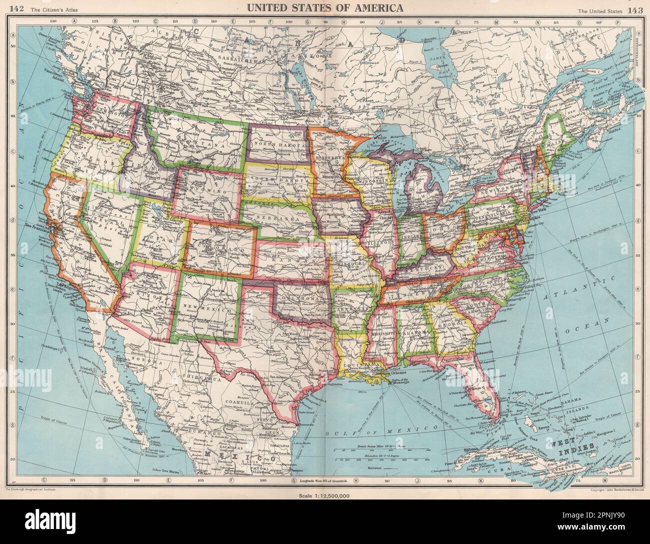 STATI UNITI. Stati Uniti d'America. Mappa dello stato. BARTOLOMEO 1952 vecchia annata Foto Stock
