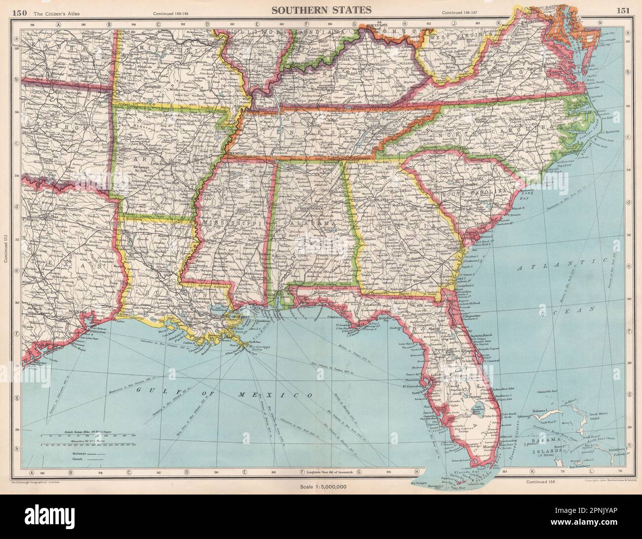 USA SOUTHERN STATES.FLORIDA GEORGIA LA MS AL NC SC TN AR KY.BARTHOLOMEW MAPPA 1952 Foto Stock