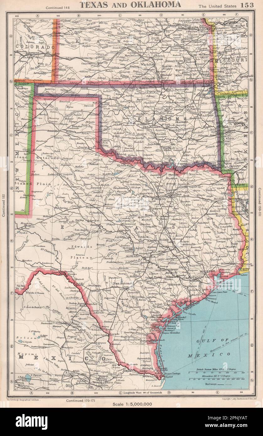 TEXAS E OKLAHOMA. Mappa dello stato degli Stati Uniti. BARTOLOMEO 1952 vecchio piano d'annata Foto Stock