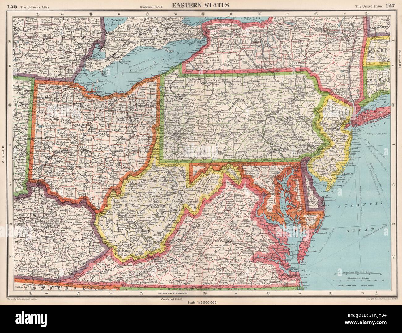 USA EASTERN STATES.WV Virginia Pennsylvania MD Delaware New Jersey Ohio mappa 1952 Foto Stock