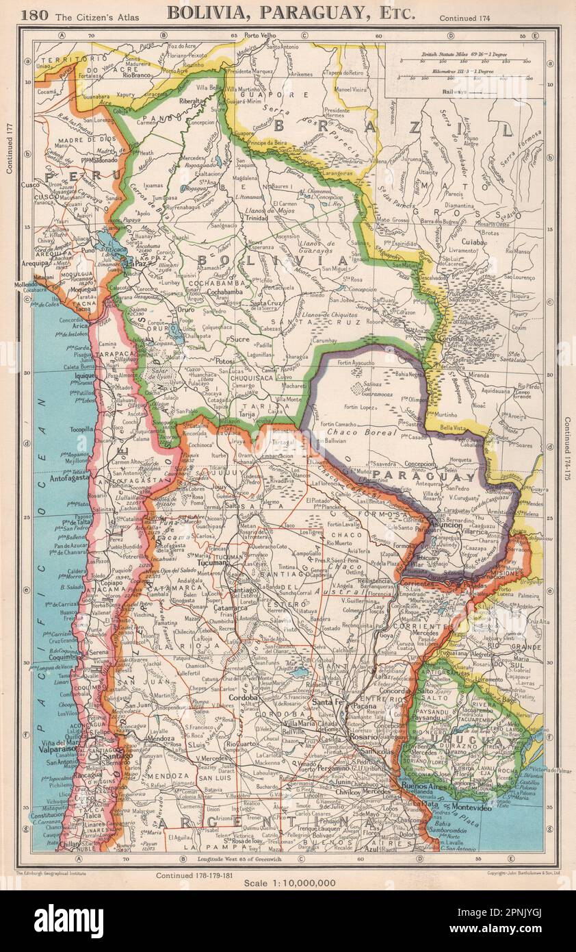 SUD AMERICA. Bolivia Paraguay Uruguay Cile settentrionale e Argentina 1952 mappa Foto Stock