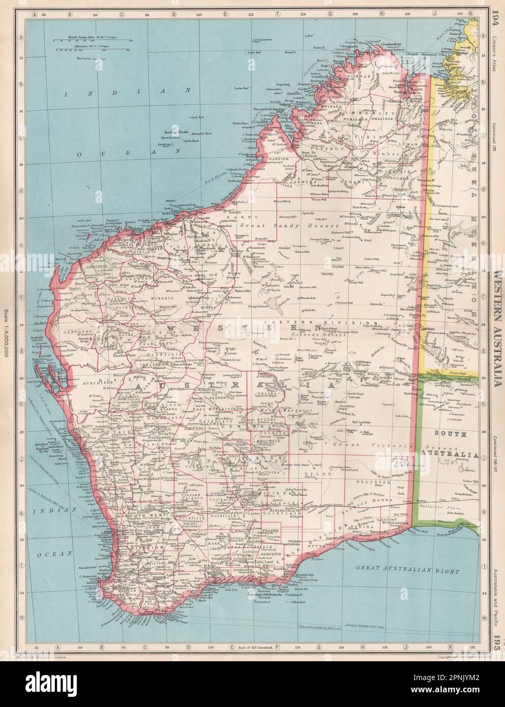 AUSTRALIA OCCIDENTALE. mostra i distretti terrestri e i campi d'oro. MAPPA BARTOLOMEO 1952 Foto Stock