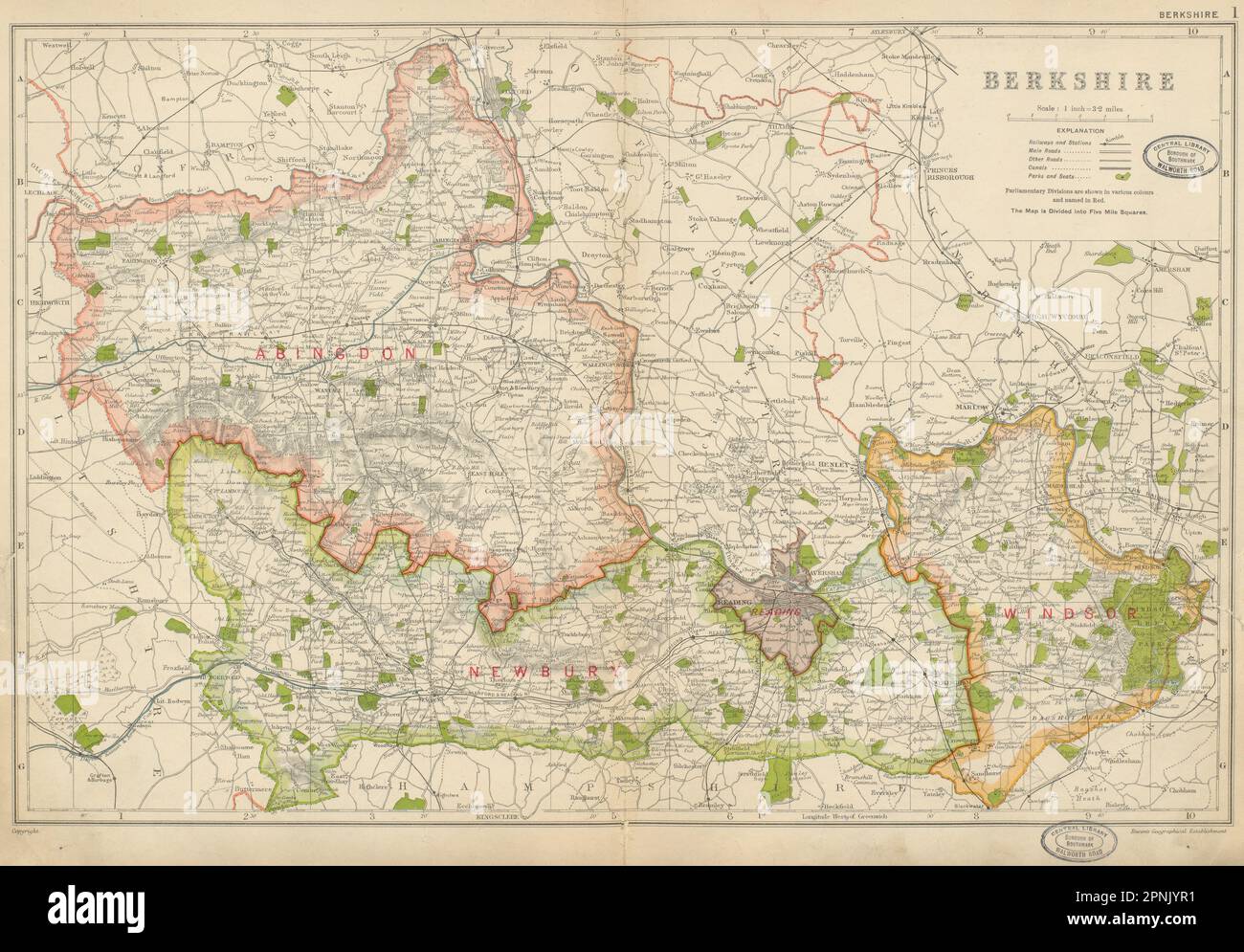 BERKSHIRE. Mostra divisioni parlamentari, parchi e quartieri. PANCETTA mappa 1934 Foto Stock