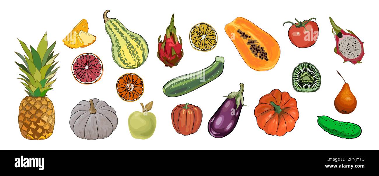 Set di cibi sani. Raccolta di frutta e verdura Illustrazione Vettoriale