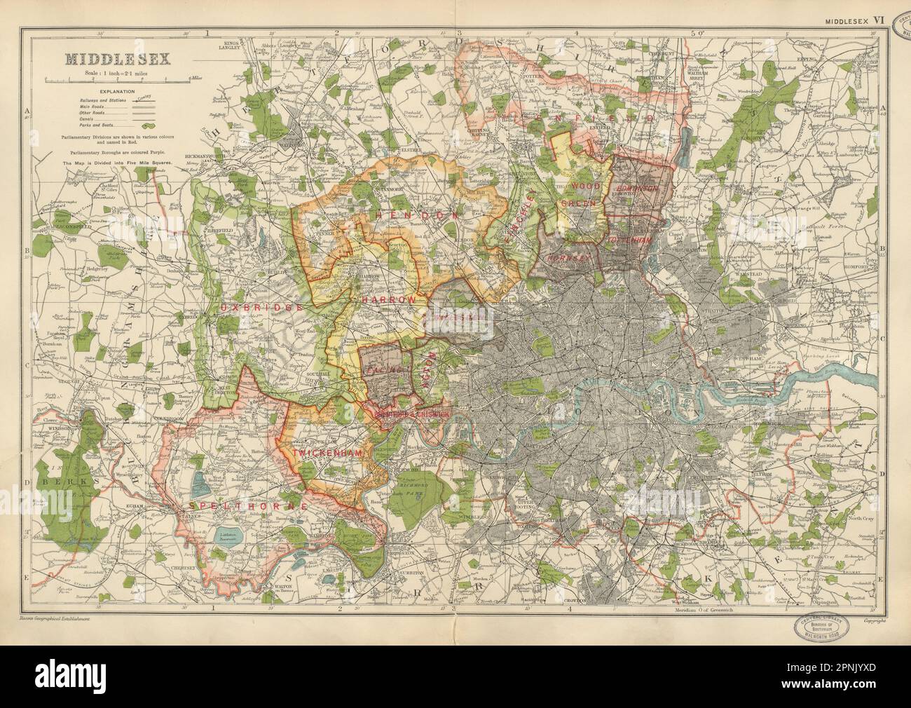 MIDDLESEX che mostra le divisioni parlamentari parchi boroughs.London.BACON mappa 1934 Foto Stock