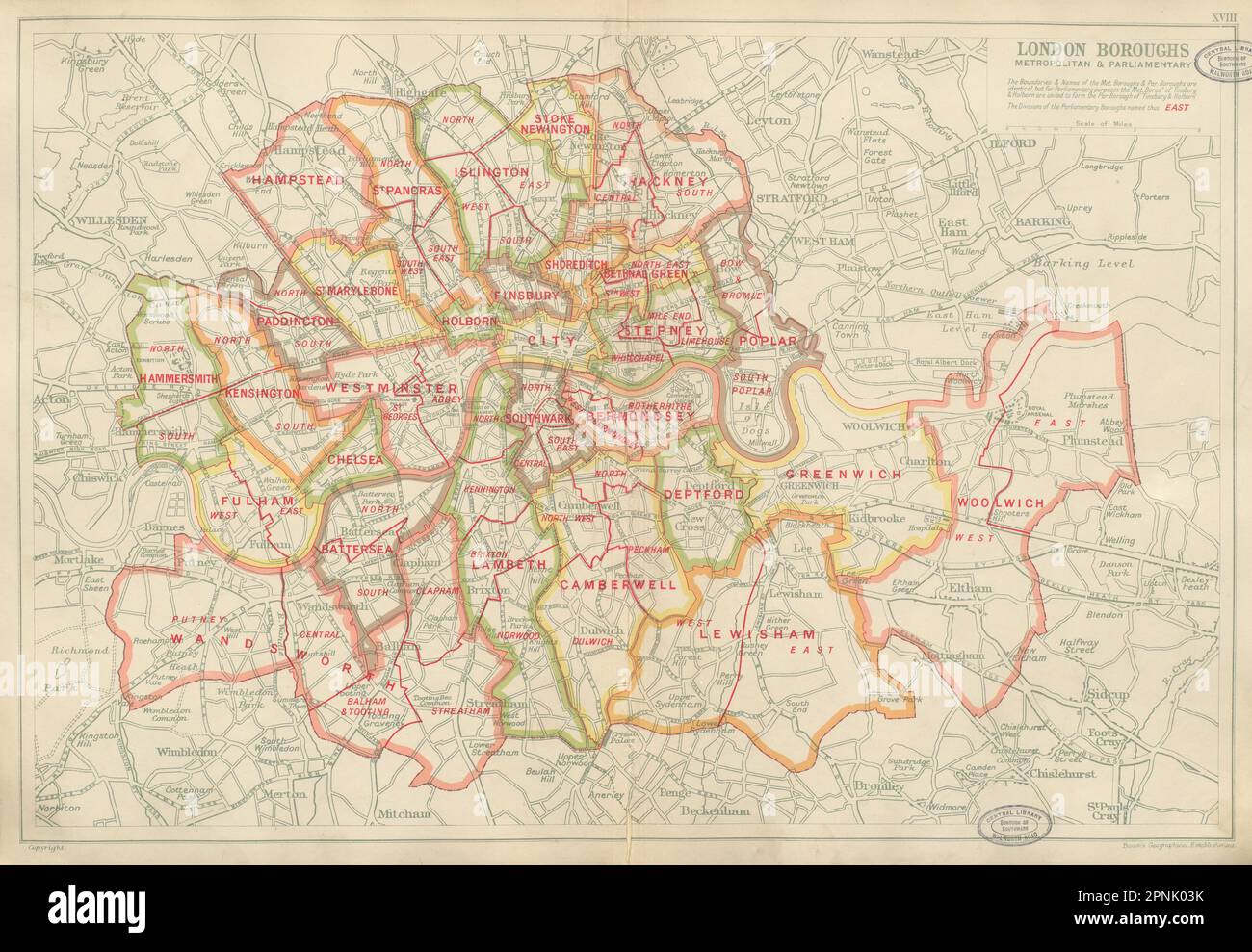 DISTRETTO DI LONDRA. Metropolitan e parlamentare. Circoscrizioni. PANCETTA mappa 1934 Foto Stock