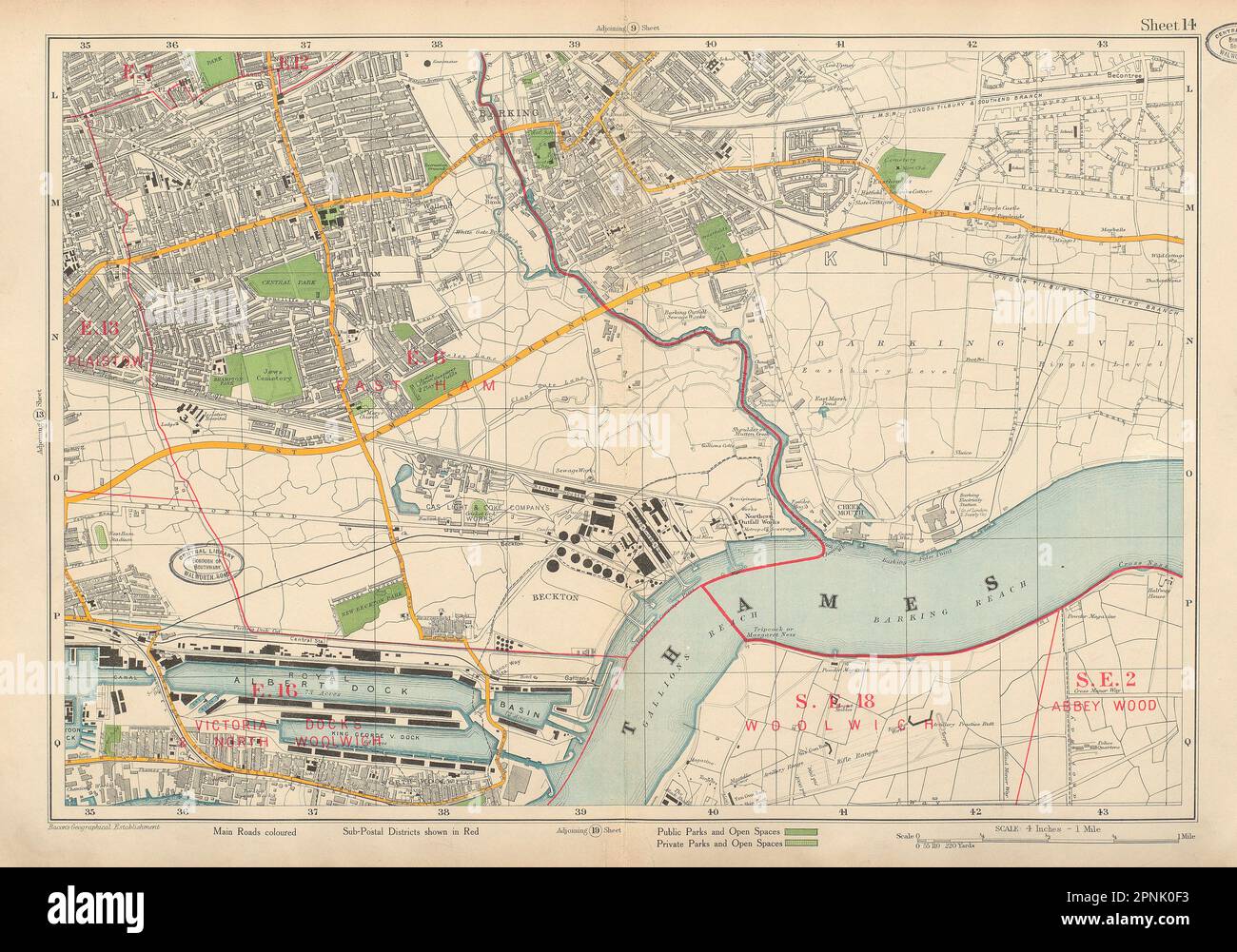 EAST HAM BARKING Plaistow Royal Docks Beckton North Woolwich. PANCETTA mappa 1934 Foto Stock