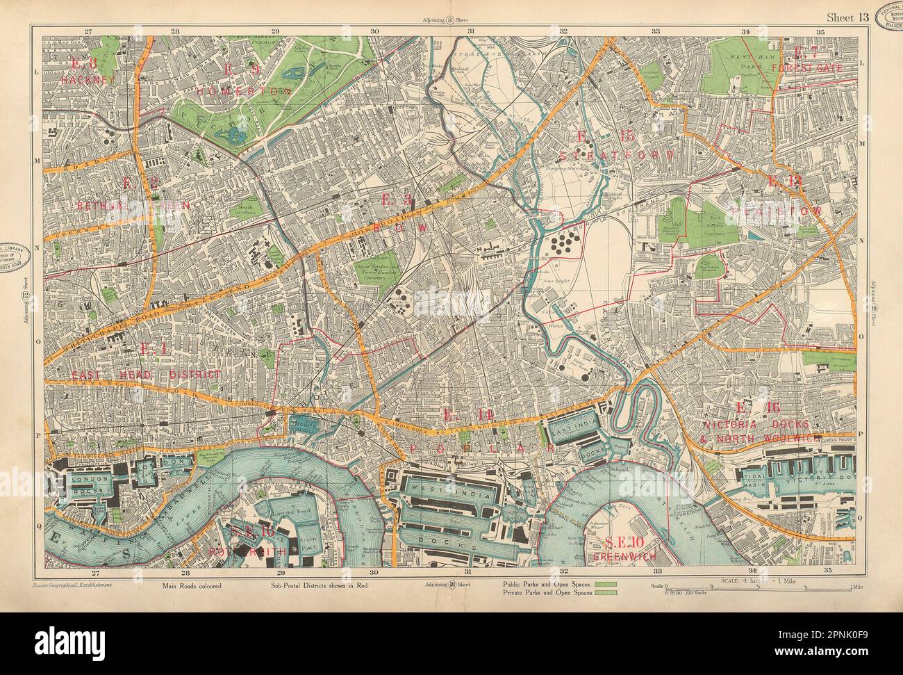 LONDON EAST END Bethnal GRN Bow Stepney West Ham Stratford Poplar BACON 1934 mappa Foto Stock
