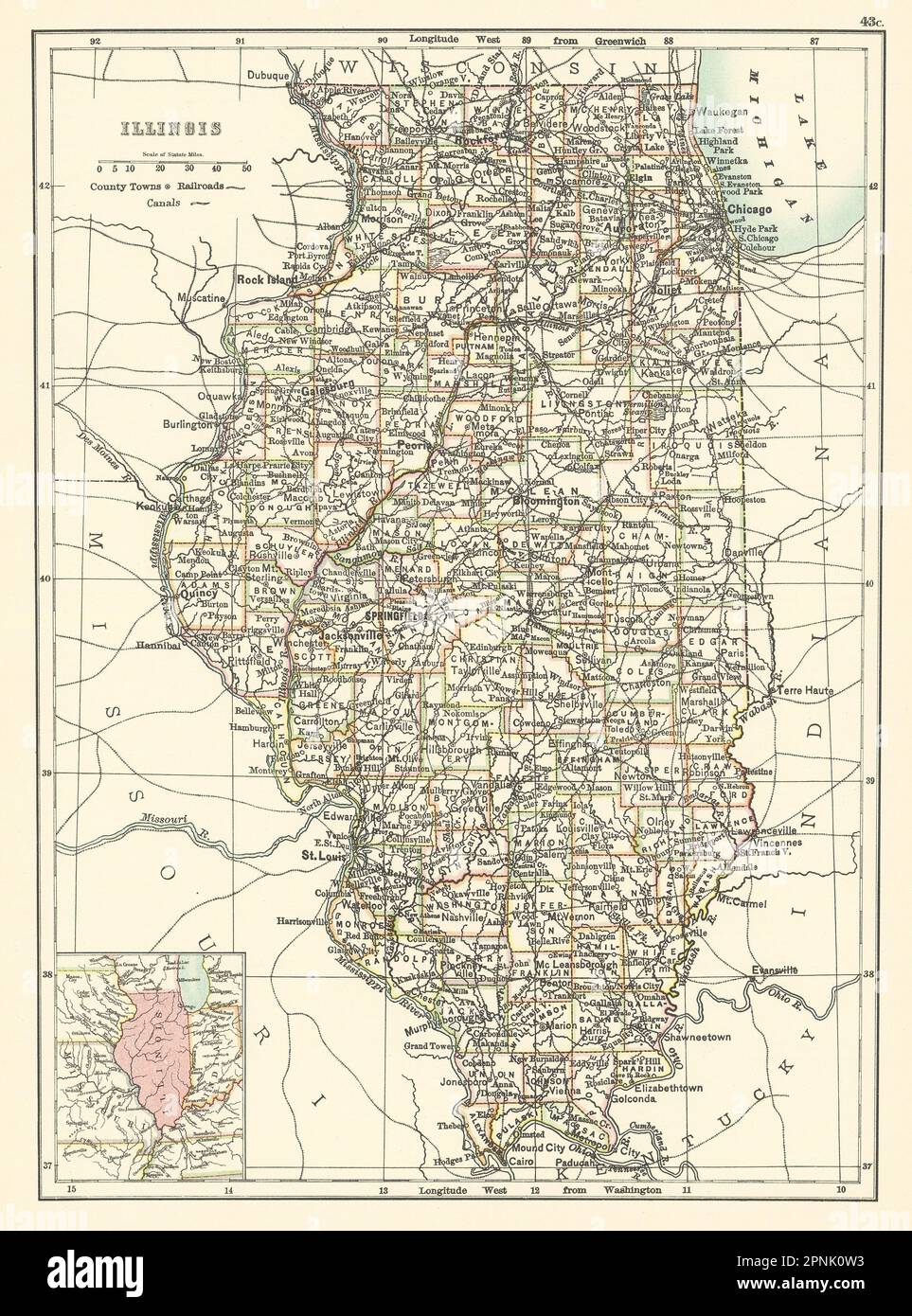 Mappa dello stato dell'Illinois che mostra le contee. BARTOLOMEO 1898 vecchia carta antica Foto Stock Mappa dello stato dell'Illinois che mostra le contee. BARTOLOMEO 1898 vecchia carta antica Foto Stock