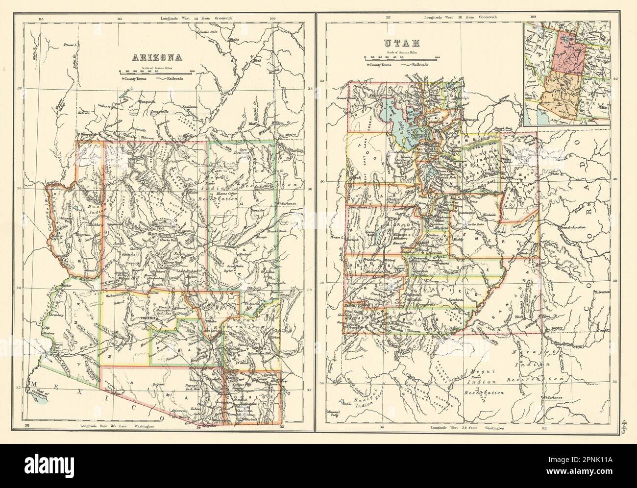Mappe dello stato dell'Arizona e dello Utah che mostrano le contee. BARTOLOMEO 1898 antico Foto Stock