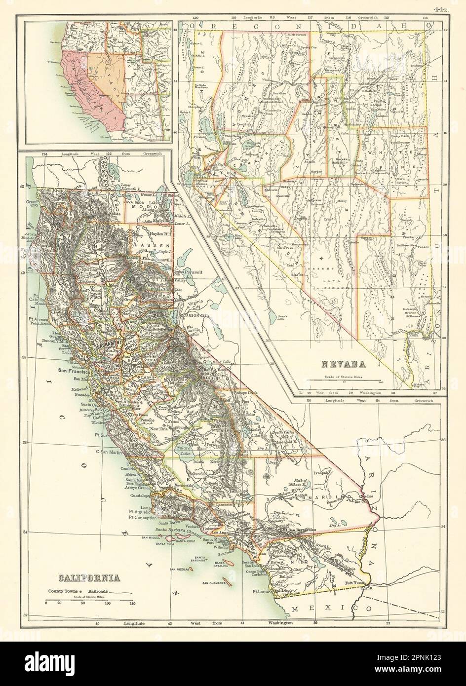 Mappe dello stato della California e del Nevada che mostrano le contee. BARTOLOMEO 1898 anni Foto Stock