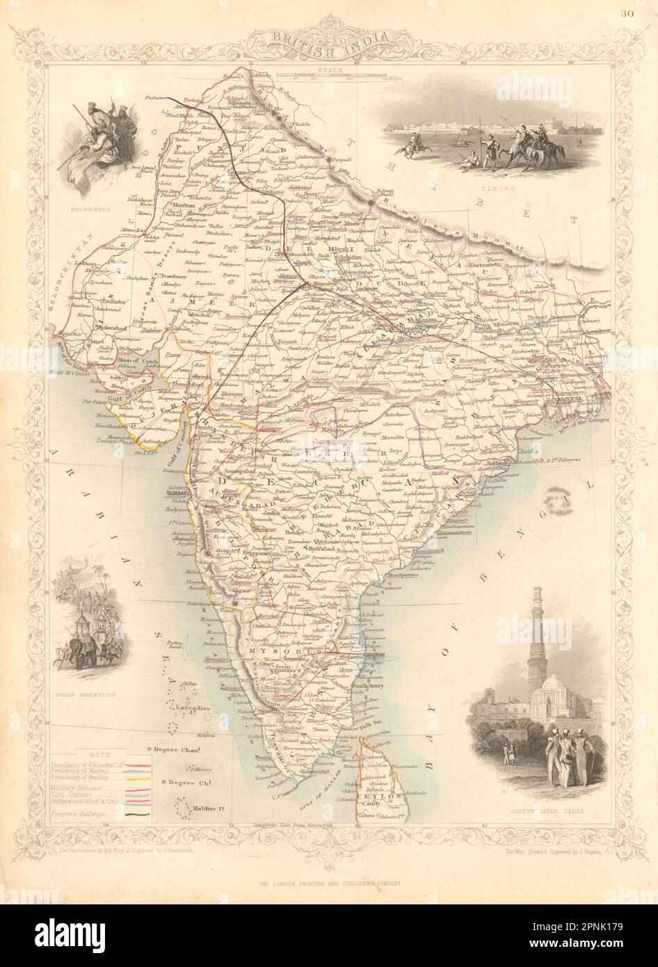 INDIA BRITANNICA che mostra le basi militari & ferrovie proposte. Mappa RAPKIN/TALLIS 1851 Foto Stock