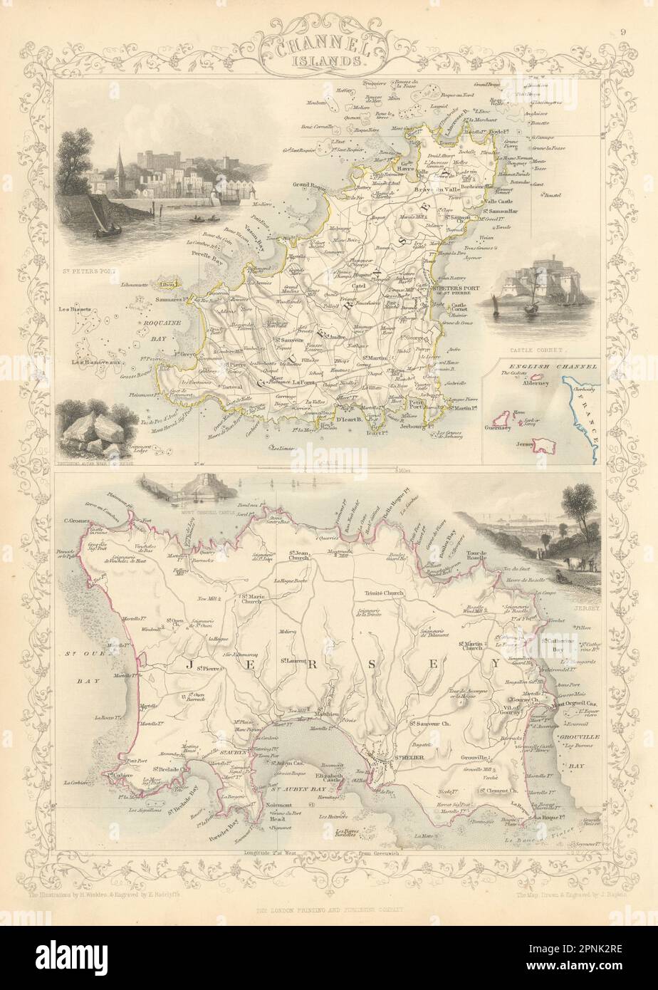 Isole del Canale. St Peter Port vista. Jersey e Guernsey. TALLIS & RAPKIN 1851 mappa Foto Stock
