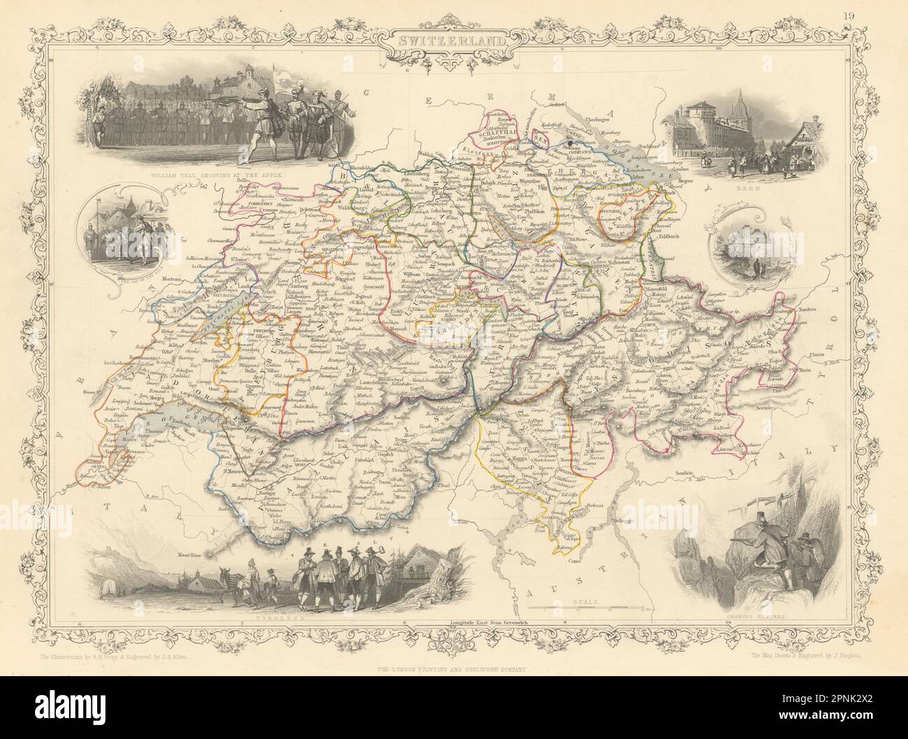 La Svizzera. William Tell apple di ripresa. Cantoni. TALLIS & RAPKIN 1851 mappa Foto Stock