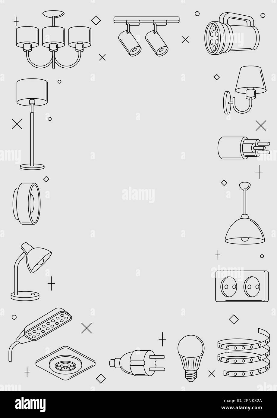 Telaio con luci e lampade elettriche. Apparecchiature elettriche. Design industriale o aziendale. Illustrazione Vettoriale