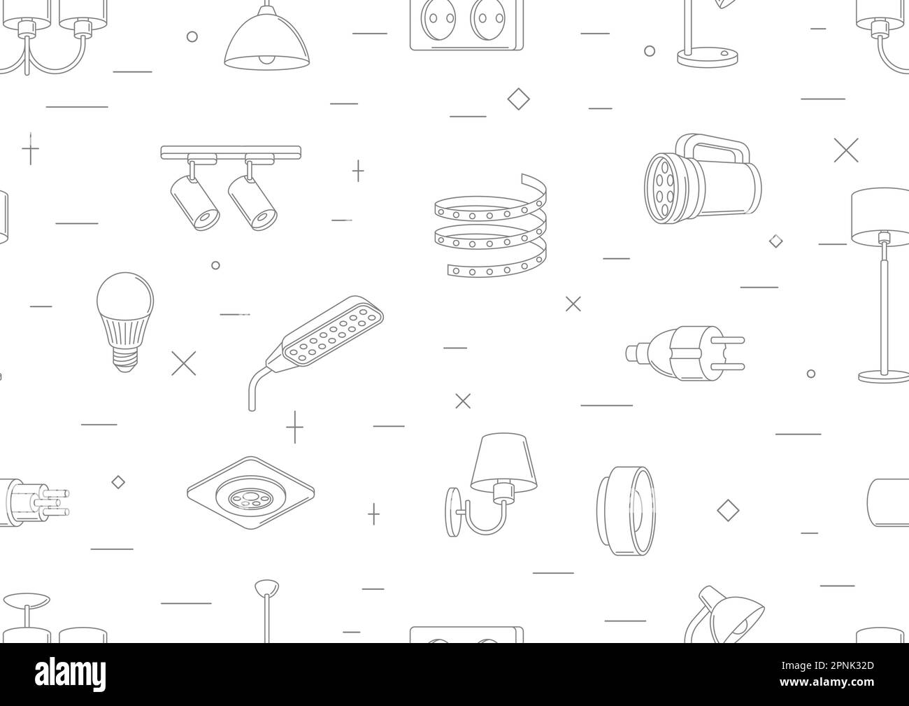 Modello senza cuciture con luci e lampade elettriche. Apparecchiature elettriche. Design industriale o aziendale. Illustrazione Vettoriale