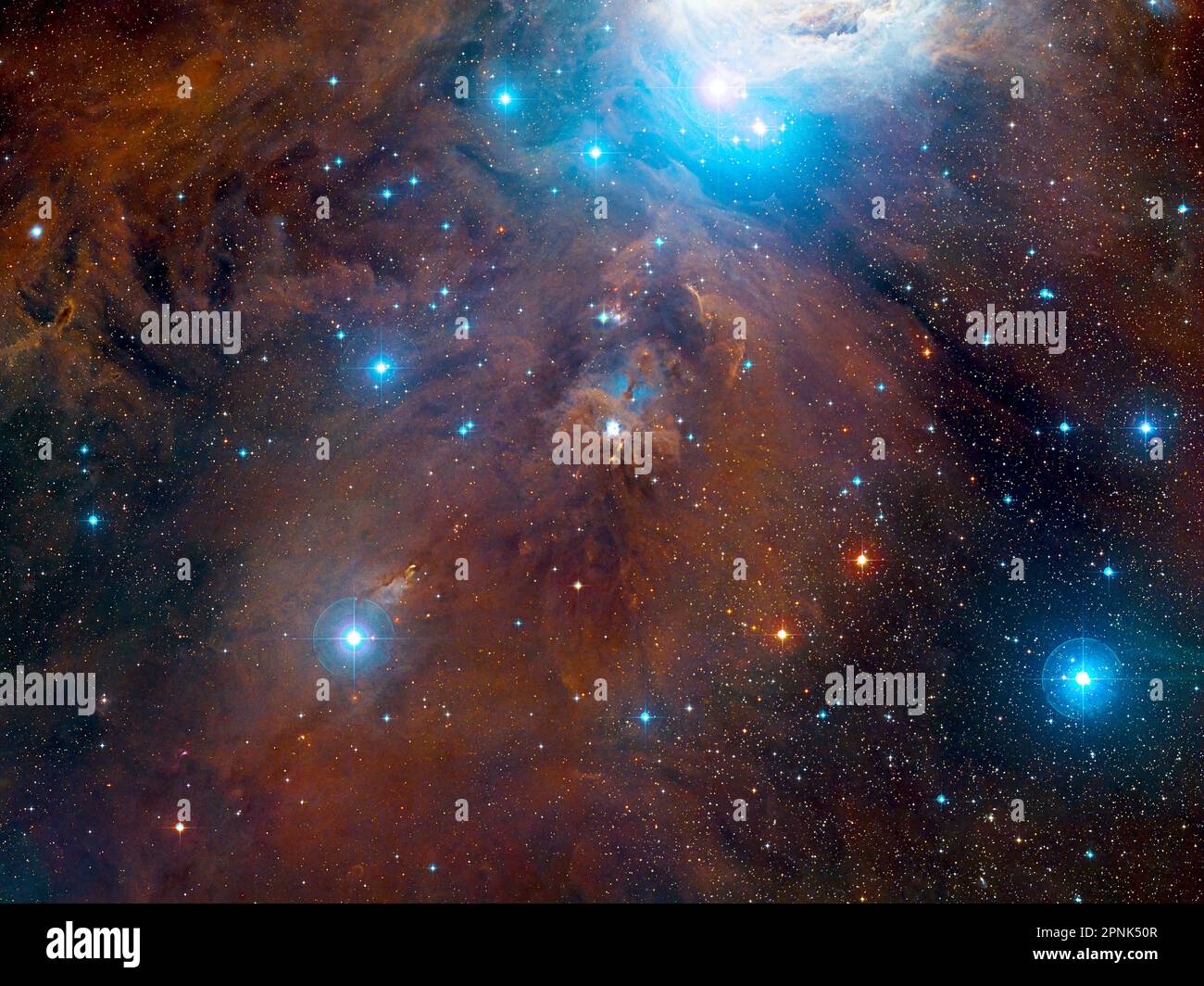 Questa vista a campo ampio mostra una regione del cielo nella famosa costellazione di Orione (il Cacciatore), vista dalla luce visibile. Foto Stock