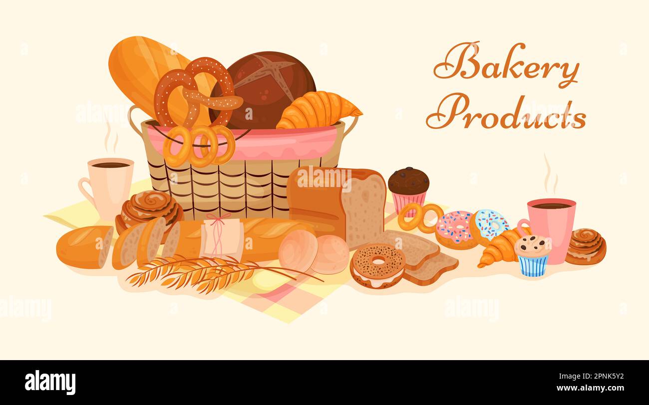 Prodotti da forno composizione pubblicitaria piatta di testo ornato e vista isolata del cesto riempito con illustrazione vettore pasticceria Illustrazione Vettoriale