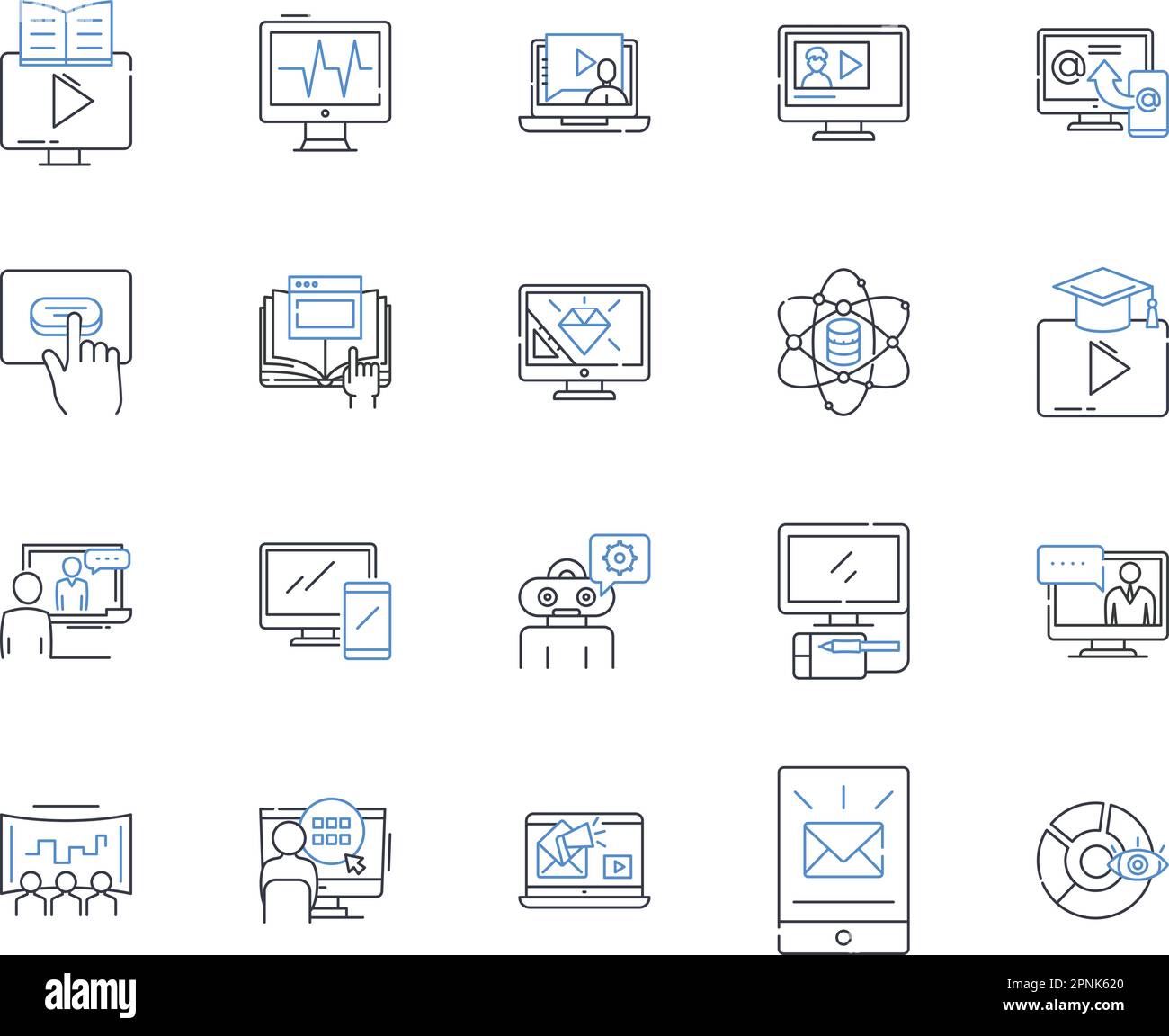 Raccolta di icone della linea dei dispositivi mobili. Smartph, tablet, phablet, indossabili, notebook, Portatile, touch screen vettoriale e illustrazione lineare. Android, iOS Illustrazione Vettoriale