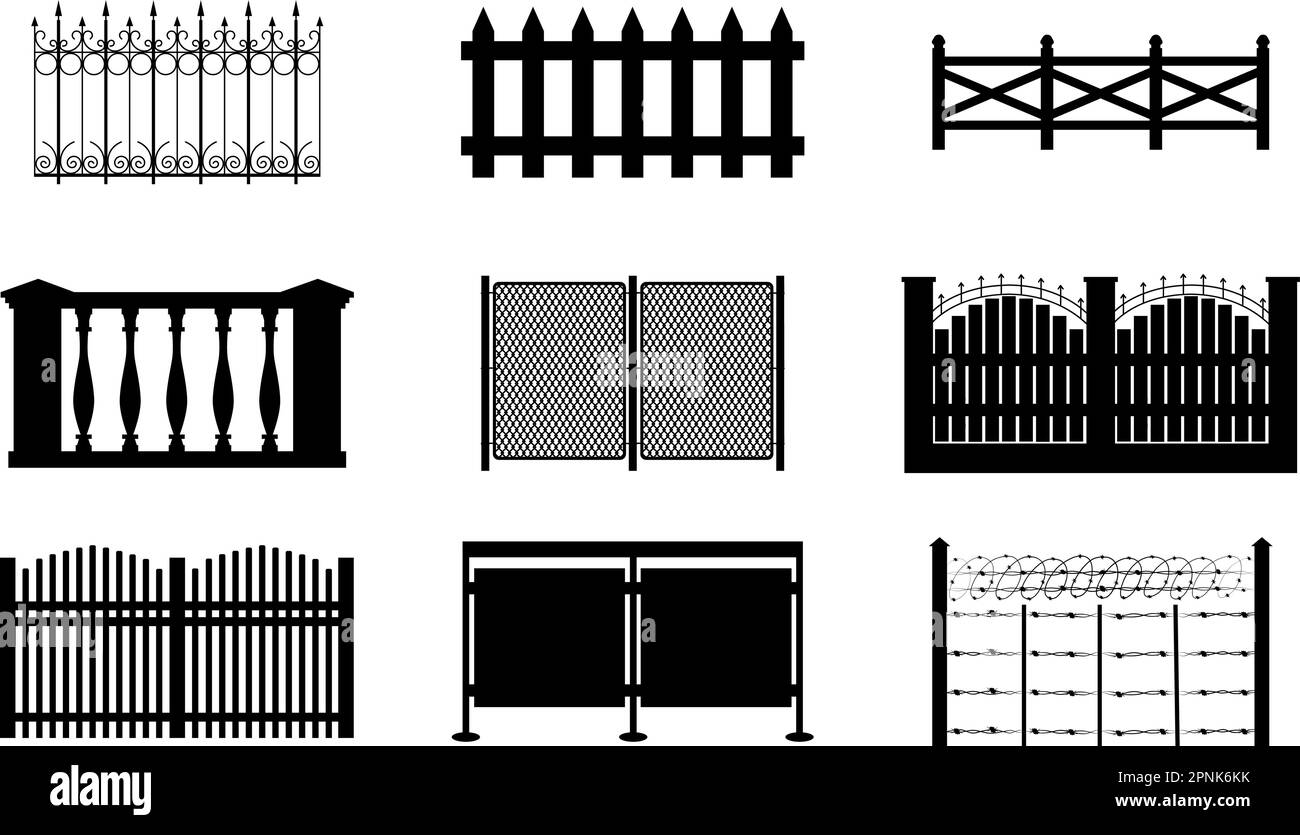 Set con icone monocromatiche isolate di segmenti di recinzione piatti con forme ornate posti su sfondo vuoto illustrazione vettoriale Illustrazione Vettoriale