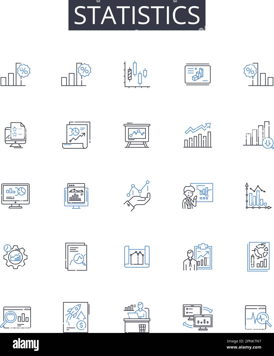 Raccolta di icone della riga delle statistiche. Teoria della probabilità, dati numerici, analisi quantitativa, sistema metrico, analisi finanziaria, Scienza dei dati Illustrazione Vettoriale