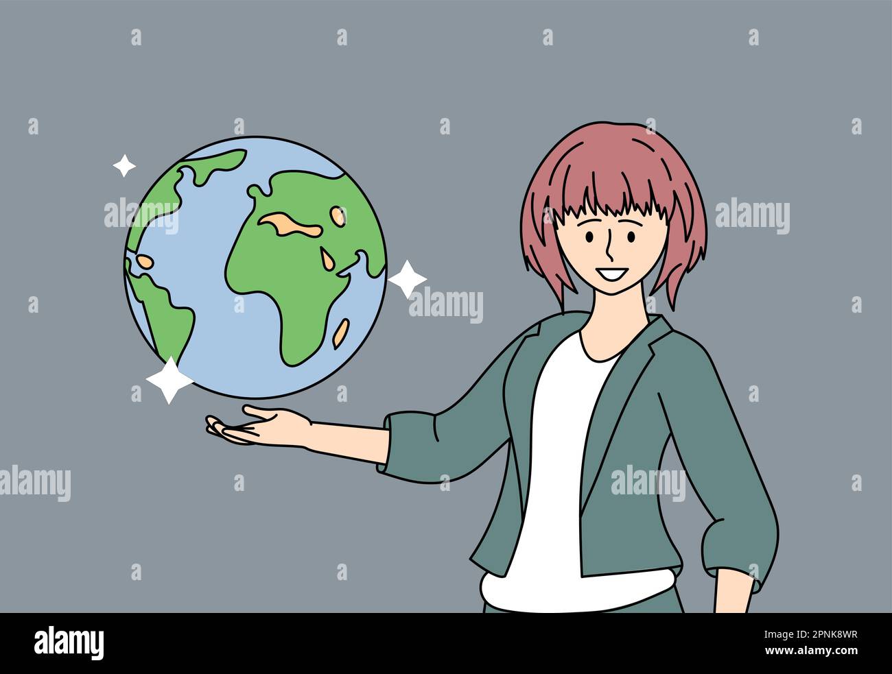 Giovane donna sorridente che tiene un globo terrestre o un globo sopra la sua mano. Una ragazza insegnante in geografia mostra il dispositivo del pianeta Terra. Istruzione scolastica Illustrazione Vettoriale