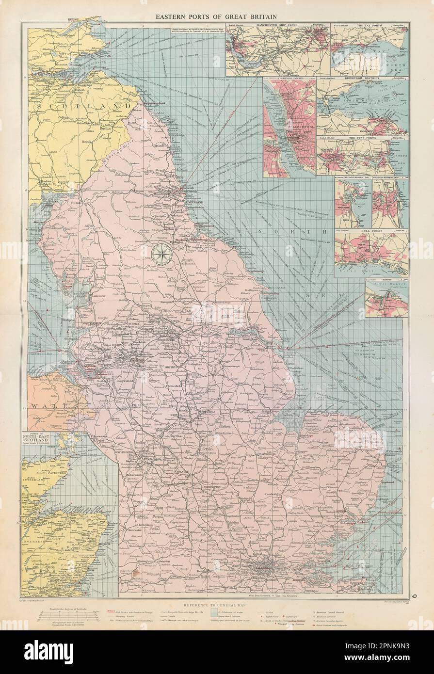 Gran Bretagna costa est porti mappa mare fari rotte mail MAPPA 1952 GRANDE Foto Stock