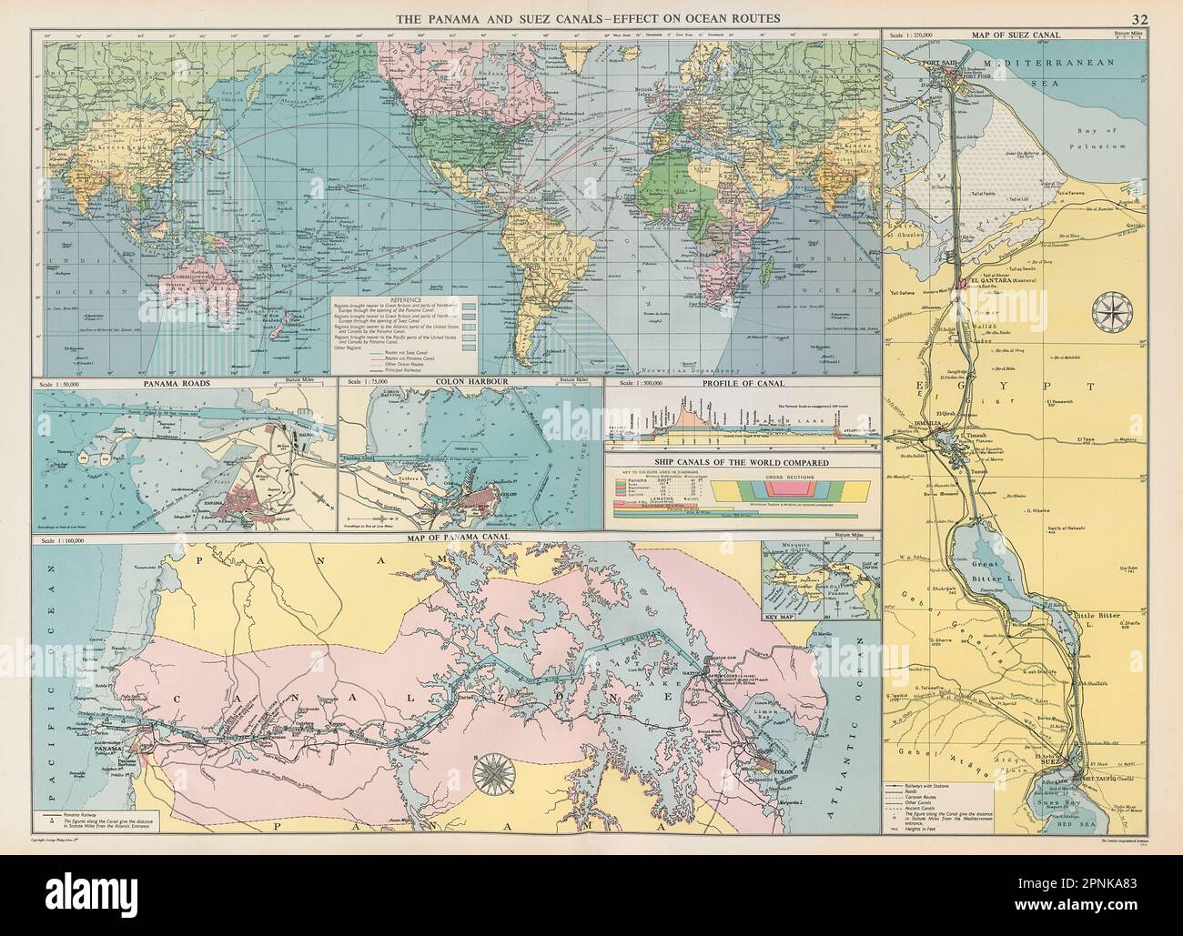 I CANALI DI PANAMA e SUEZ influiscono sulle rotte oceaniche. Profili delle mappe. GRANDE 1952 vecchio Foto Stock