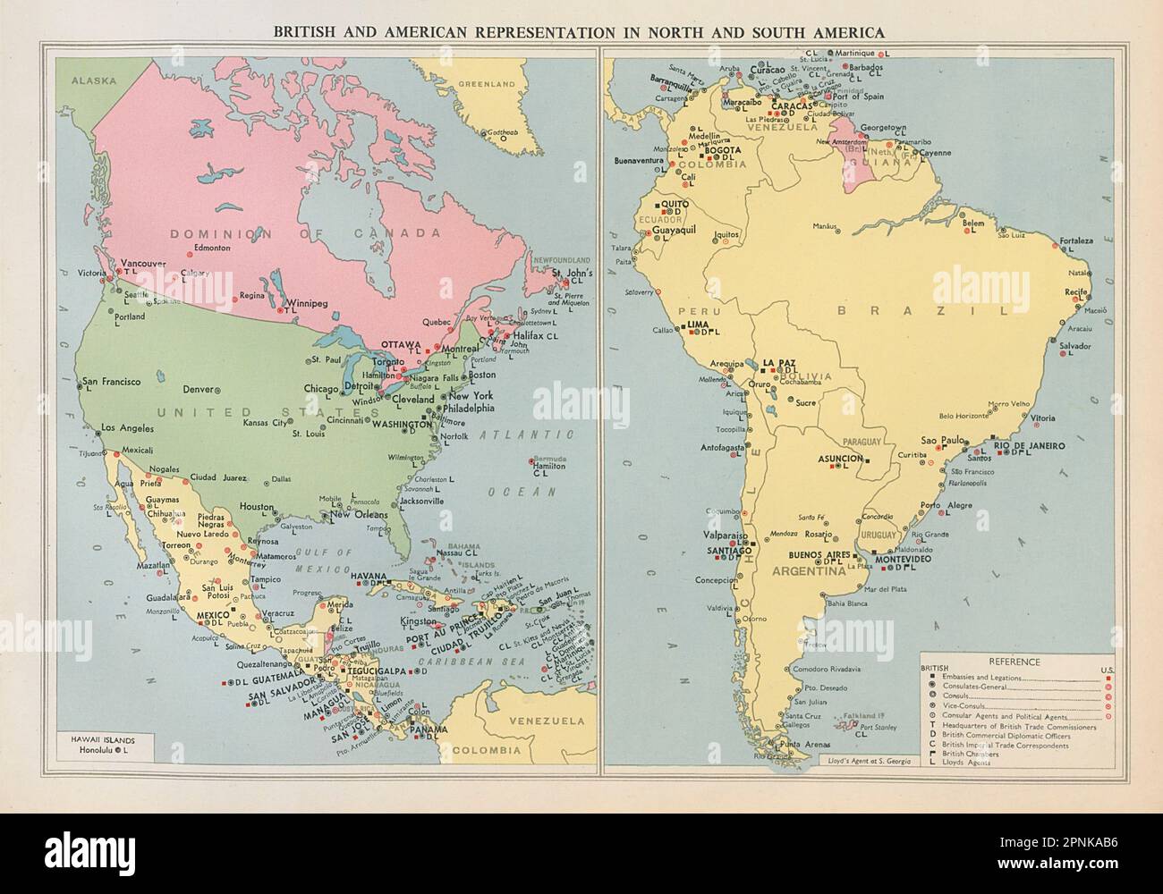 Rappresentanza diplomatica britannica e americana in Nord e Sud America 1952 mappa Foto Stock