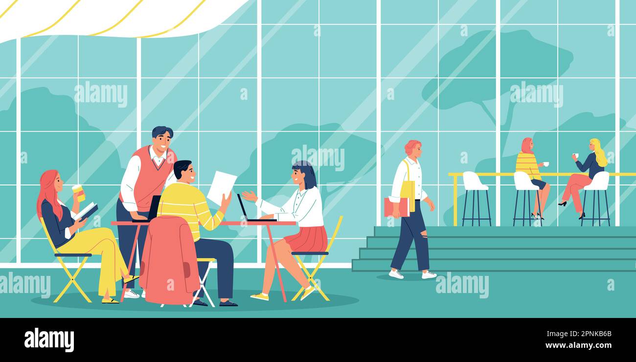 Concetto piatto campus studente con scena in mense universitaria illustrazione vettoriale Illustrazione Vettoriale