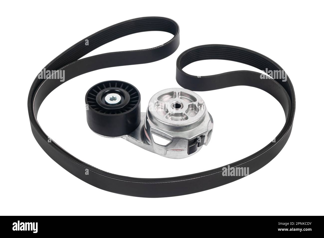 Cinghia di distribuzione con kit rullo isolato su sfondo bianco. Foto Stock