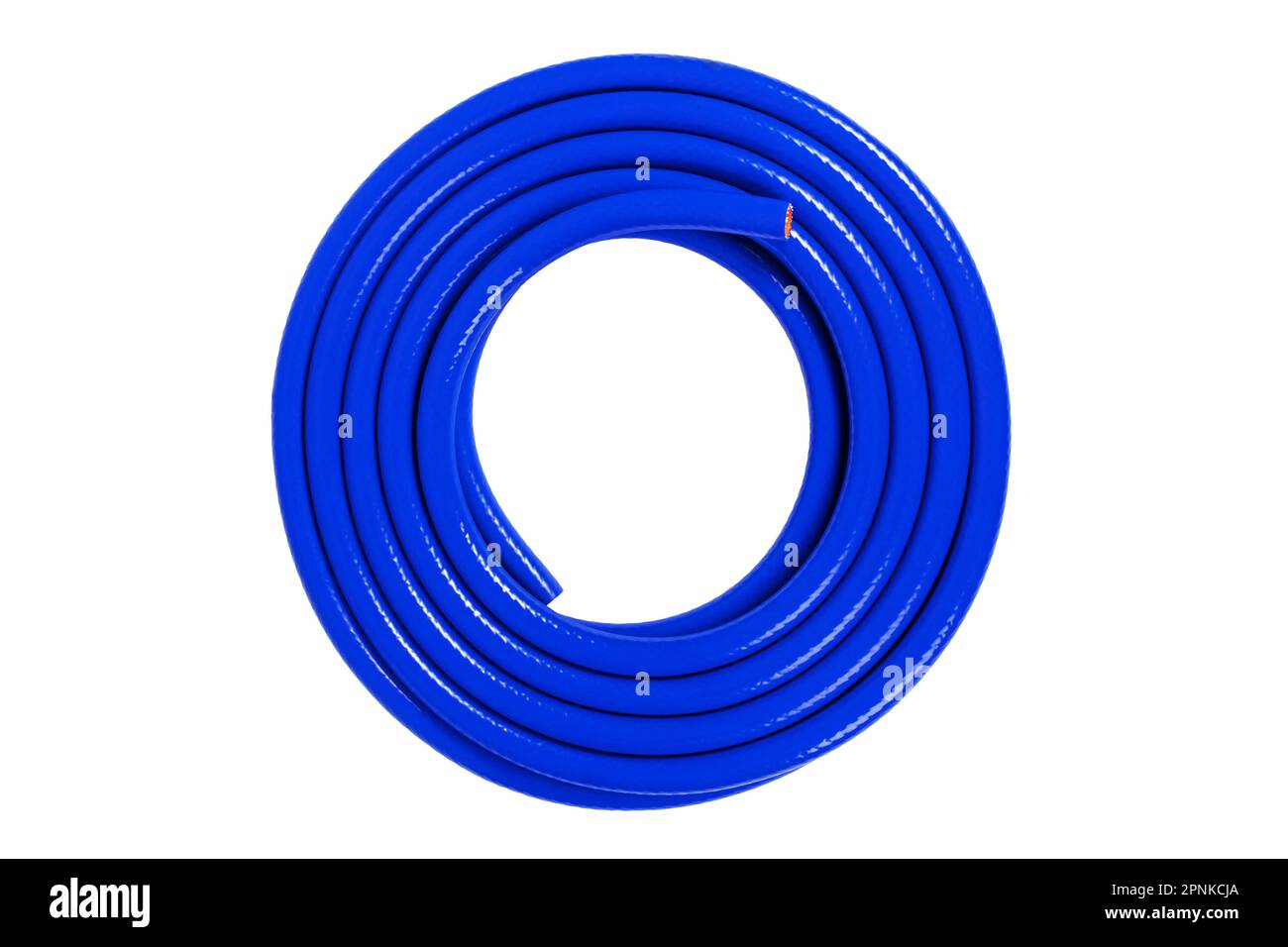 Tubo in gomma per irrigazione di colore blu isolato su sfondo bianco. Tubo flessibile di acqua nella forma di una lumaca. Foto Stock