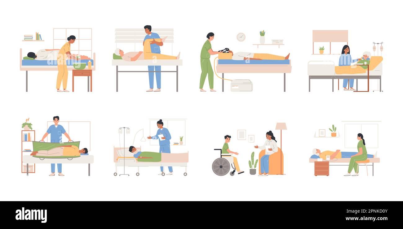 Set piatto per la cura dei bedridden con otto composizioni isolate di medici che si occupano di pazienti legati al letto illustrazione vettoriale Illustrazione Vettoriale