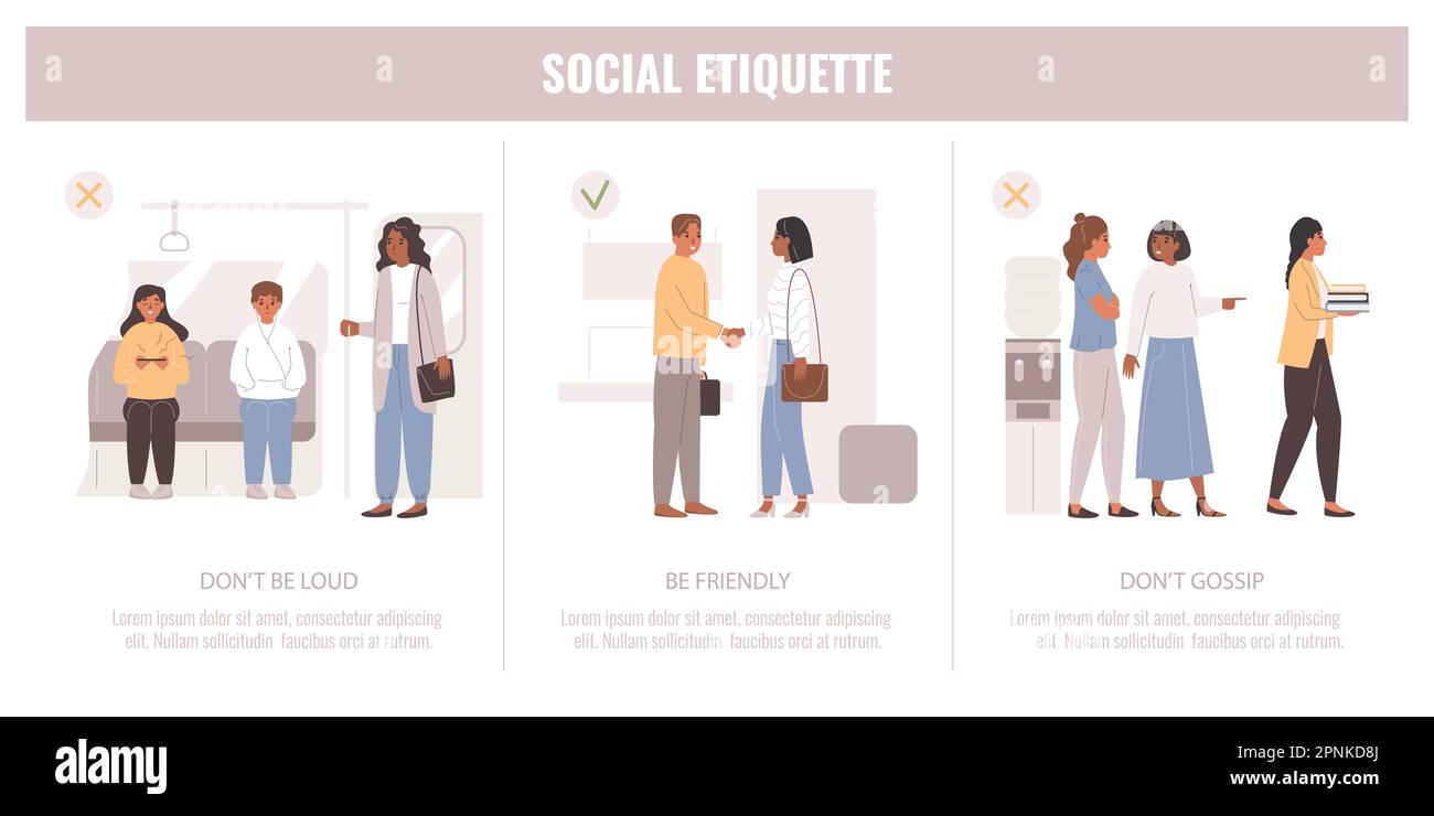 L'etiquette regola l'insieme infografico piatto delle composizioni con i caratteri umani del doodle che sono illustrazione amichevole tranquilla e rispettosa del vettore Illustrazione Vettoriale
