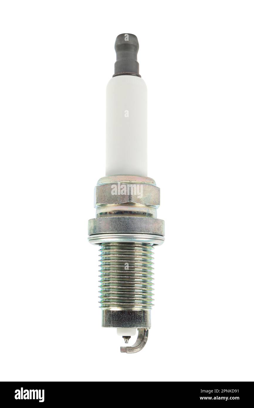 Candele di accensione per auto isolate su sfondo bianco. Foto Stock