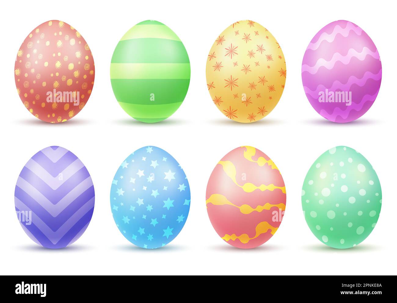 Uova di pasqua multicolore dipinte in diversi colori e motivi realistiche set isolato vettore illustrazione Illustrazione Vettoriale