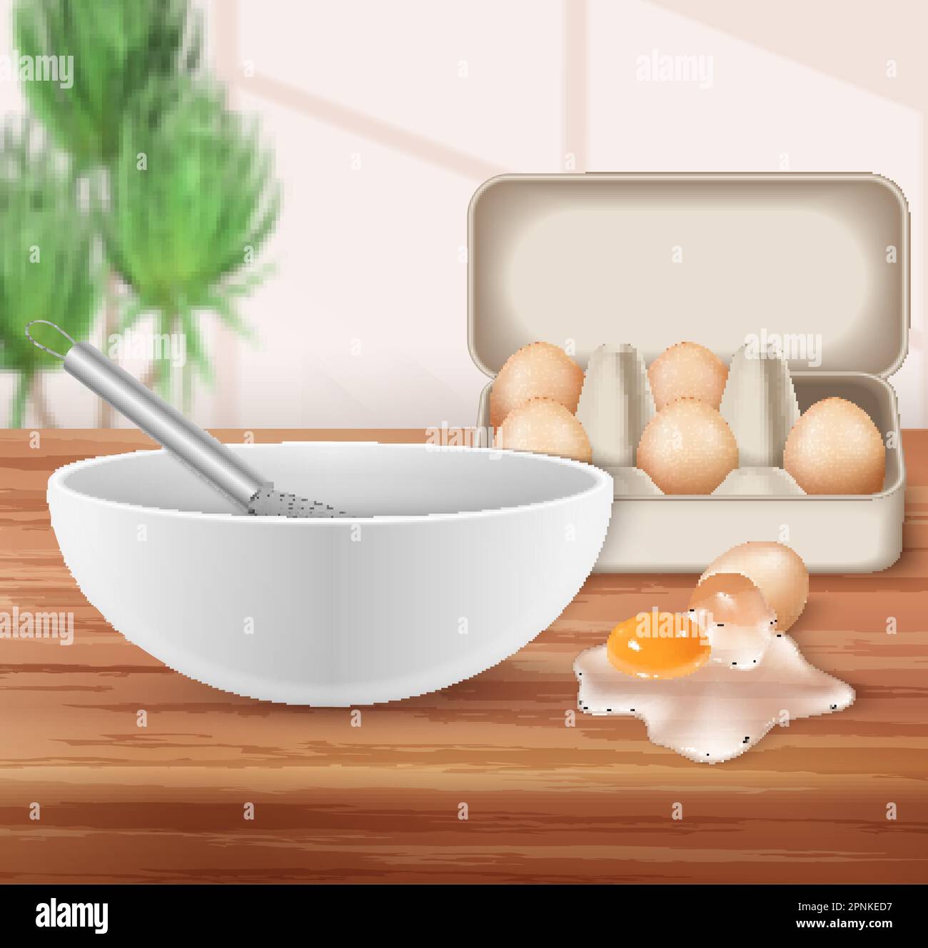 Uova da fattoria sfondo realistico con frusta per montare in ciotola e uova crude spezzate sparso su tavola illustrazione vettoriale Illustrazione Vettoriale