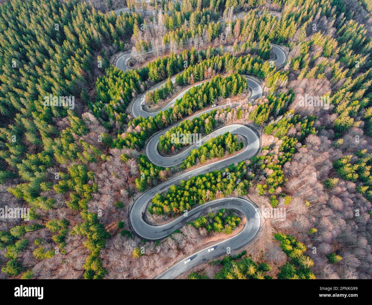 Fotografia aerea di una strada tortuosa in montagna con serpentine e curve. La fotografia è stata scattata da un drone ad un'altitudine più alta. Foto Stock