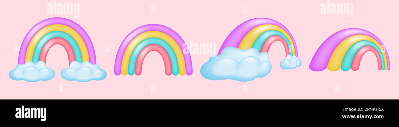 Set di 3D arcobaleni colorati in diverse posizioni. Carino arcobaleno luminoso e soffici nuvole. Perfetto per i bambini, la grafica dei social media e altro ancora Illustrazione Vettoriale Set di 3D arcobaleni colorati in diverse posizioni. Carino arcobaleno luminoso e soffici nuvole. Perfetto per i bambini, la grafica dei social media e altro ancora Illustrazione Vettoriale